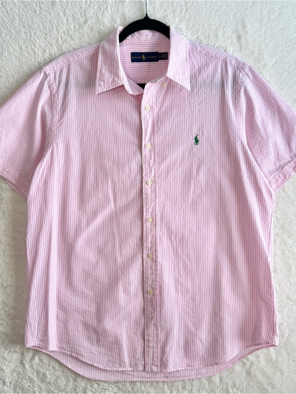 Polo Ralph Lauren Button Down Shirt Men’s Large Pink Stripe Seersucker Preppy‎
